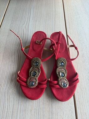 Pegabo Red Beaded Suede Women’s Sandals - Elegant Strappy Flat